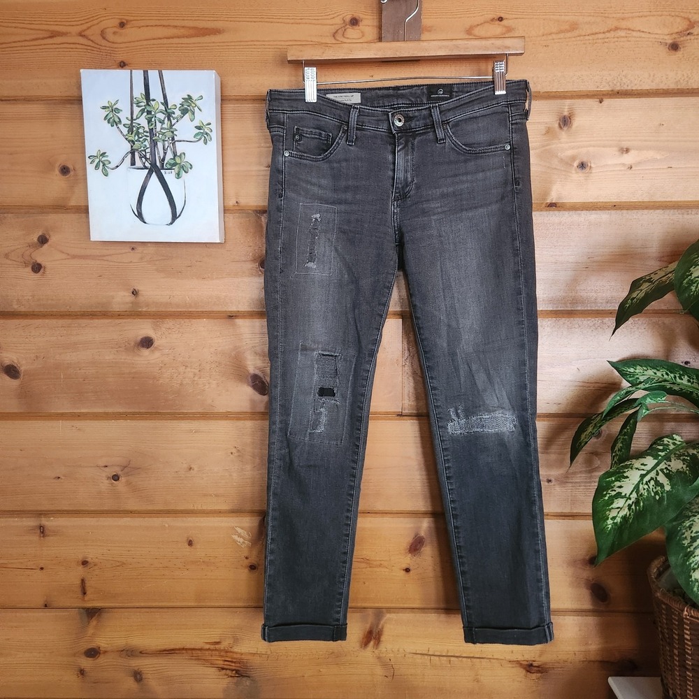 AG Adriano Goldschmied Jeans Stilt Rollup Cigarette Black Distress Stretch Sz 27